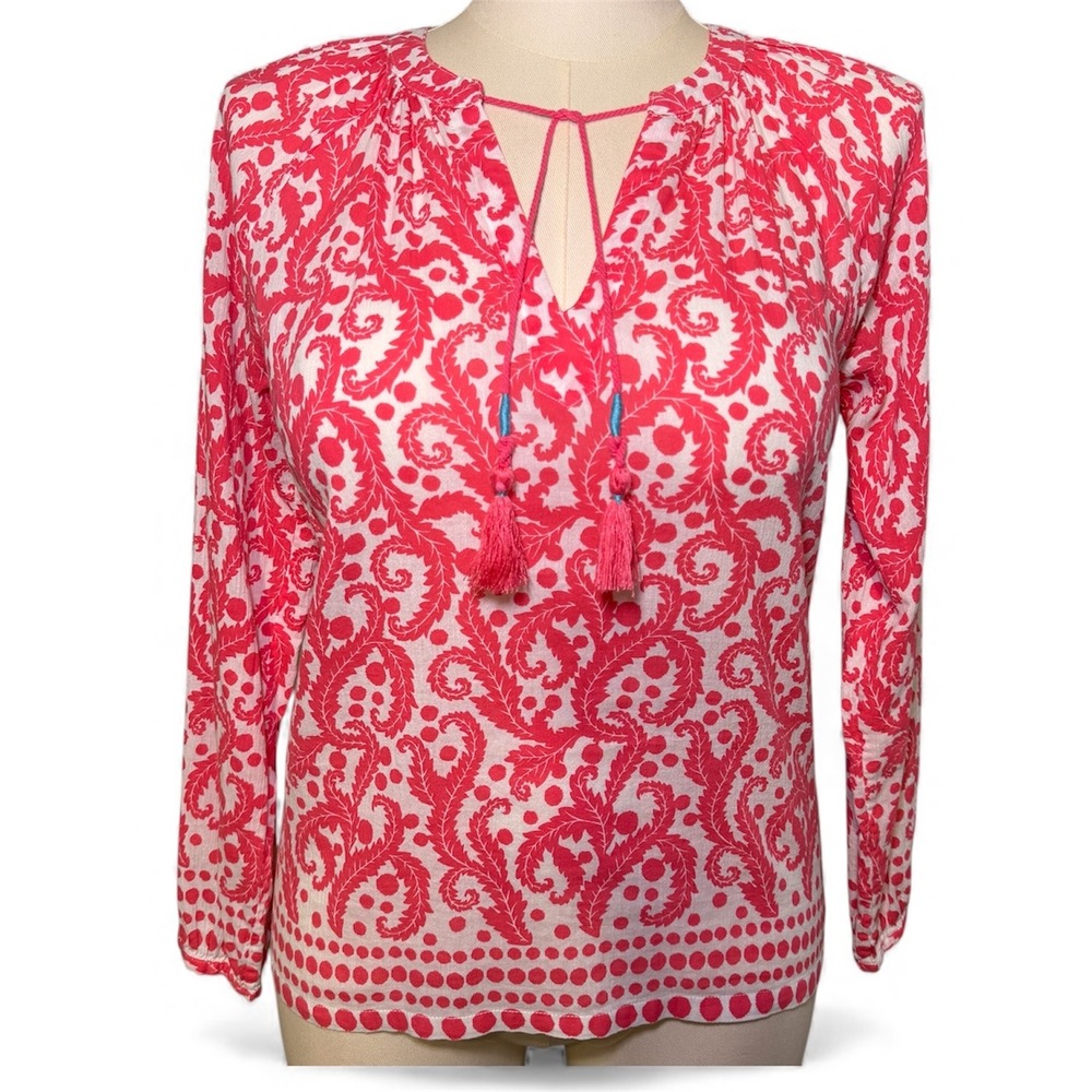 Boden Pink Floral Print Tassel Tie V Neck Blouse Long‎ Sleeve Women Size US 6